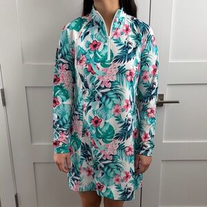 Tommy Bahama Tropical Floral Zip-Front Gold & Tennis Dress Pink & Teal Size M
